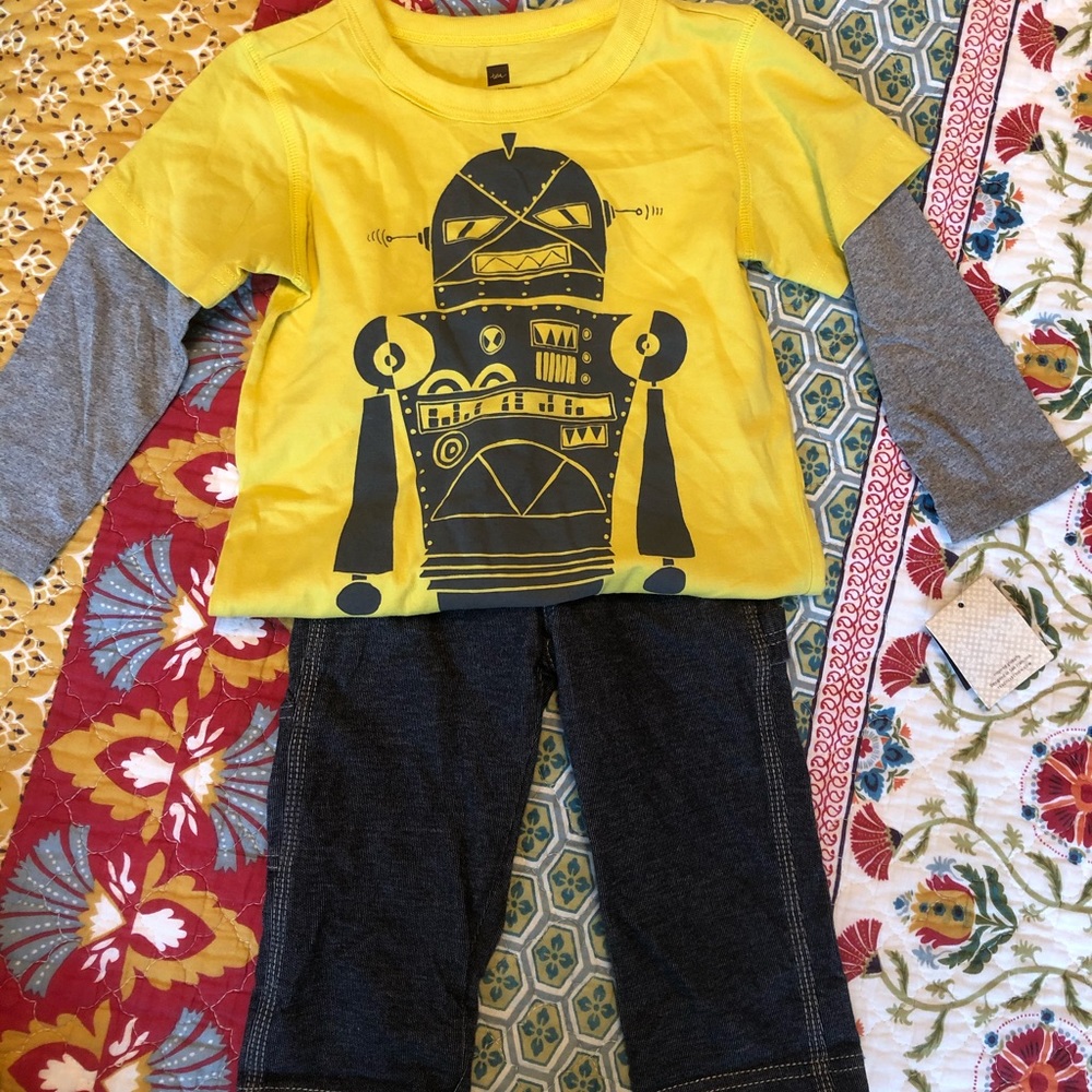 New Vintage Tea Collection Boys Robot T-Shirt & French Terry Carpenter Pants
